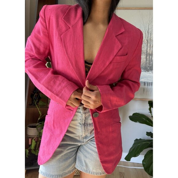 ANN TAYLOR Vintage Hot Pink Linen one button Blazer Long Line Size 4 Retro chic - Picture 11 of 12